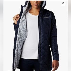 NWT Womens Columbia Copper Crest Quilted Long Jacket S Dark Blue Fleece Lined